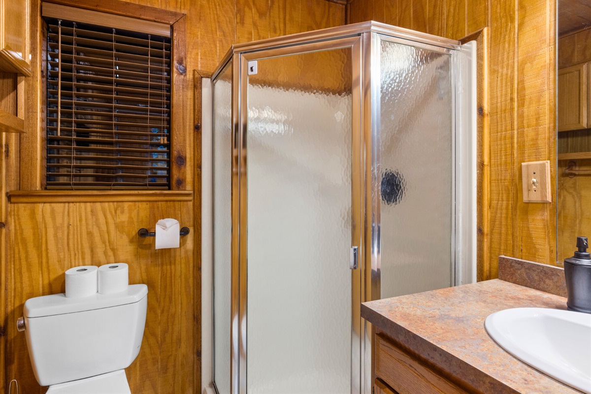 Bathroom with walk-in shower and wood accents.