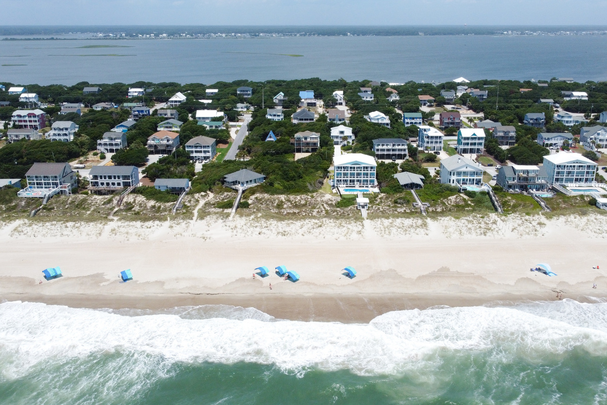 Stunning aerial view of Emerald Isle, with the Atlantic Ocean and expansive sandy shoreline in the foreground