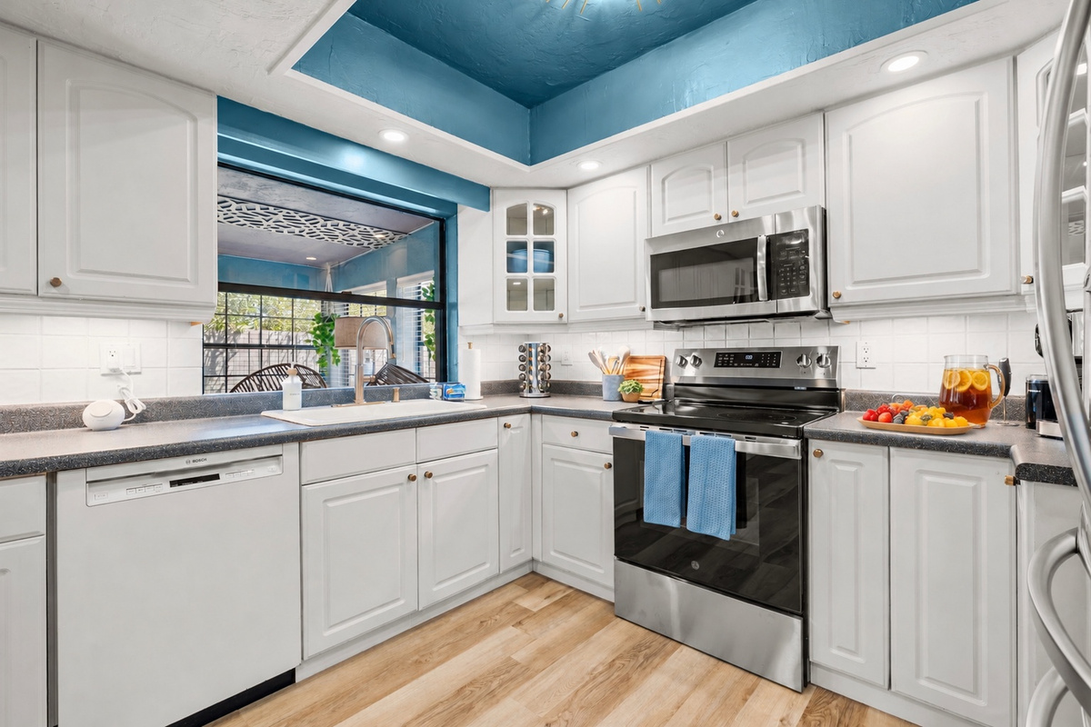 Cook is better when you aren't crowded The counter is ready for morning coffee or a full spread.