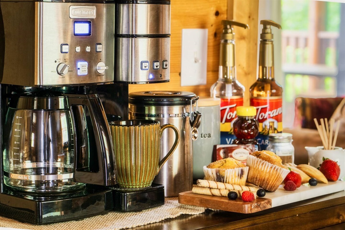 Coffee Bar area with tea, coffee, syrups, sugar and creamer included (muffins, fruit, cookies not included)