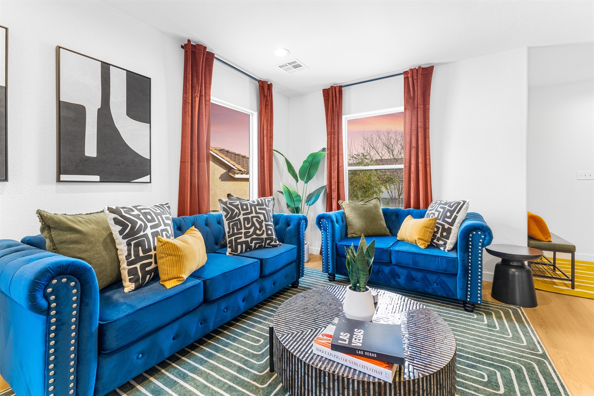 One of our two living rooms with fashionable furnishings and decorations.