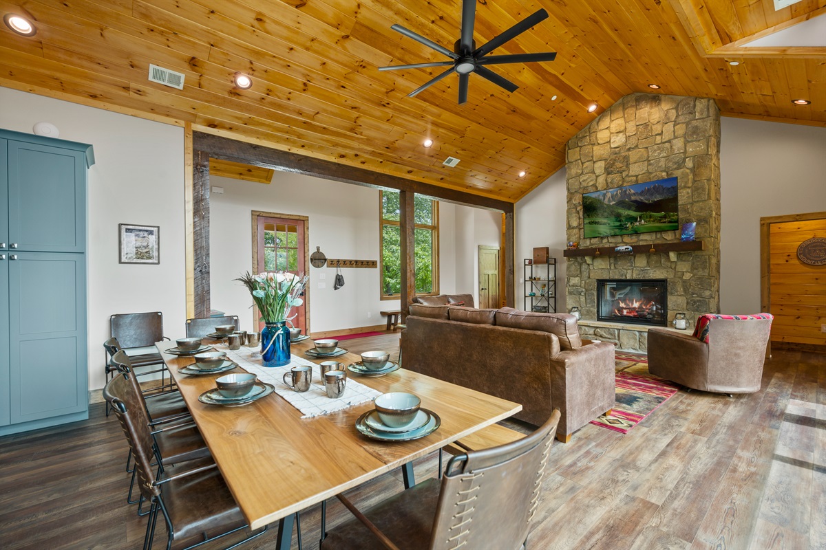 Kitchen, dining and living combined for family gatherings