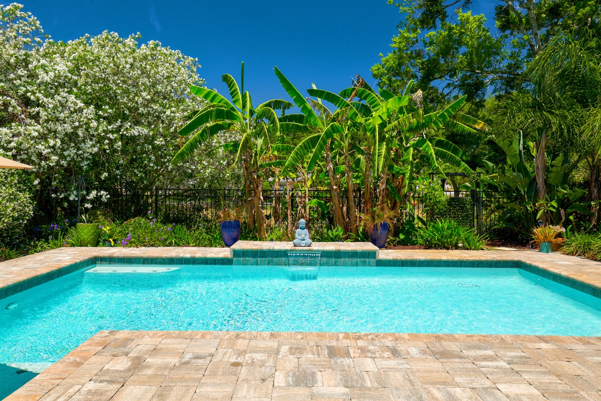 Pic of the pool area as seen from inside, showing the water.