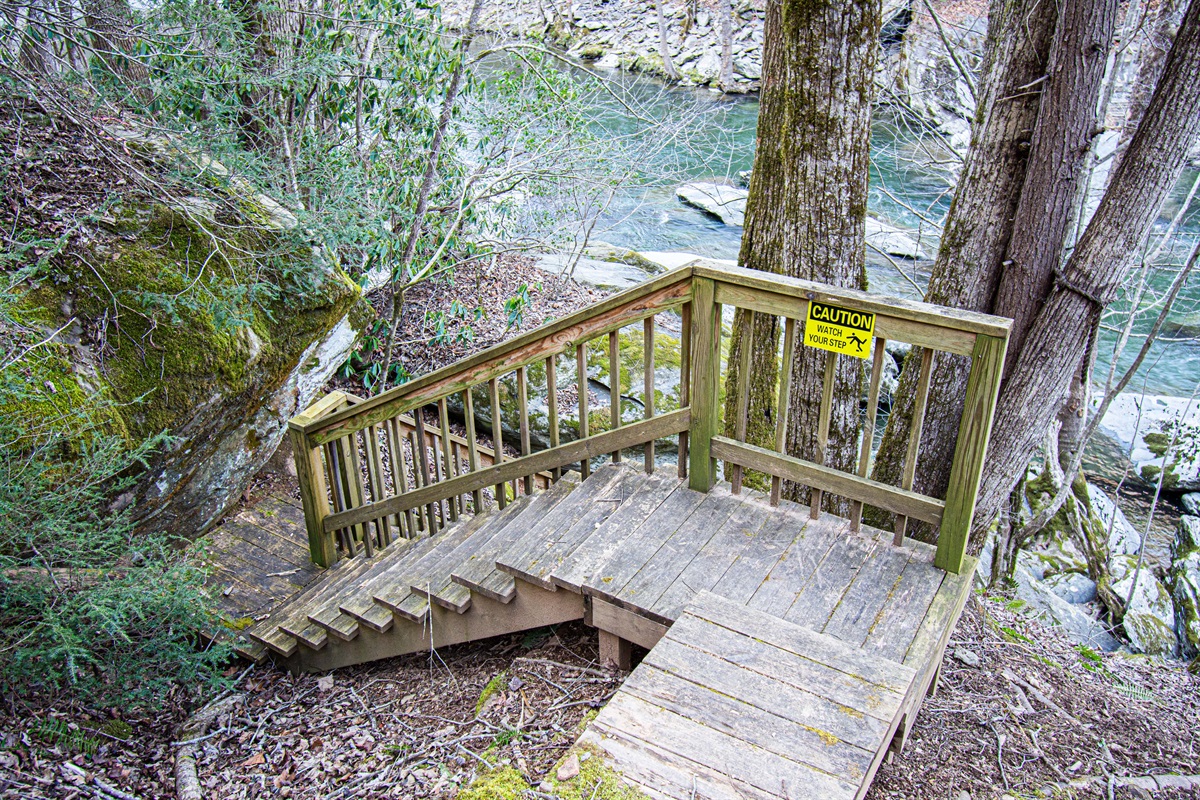 These are the stairs that we take down to the fishing and tube launch area. Be very careful and have sure footing. Every surface is slick with moss and wet from the river.