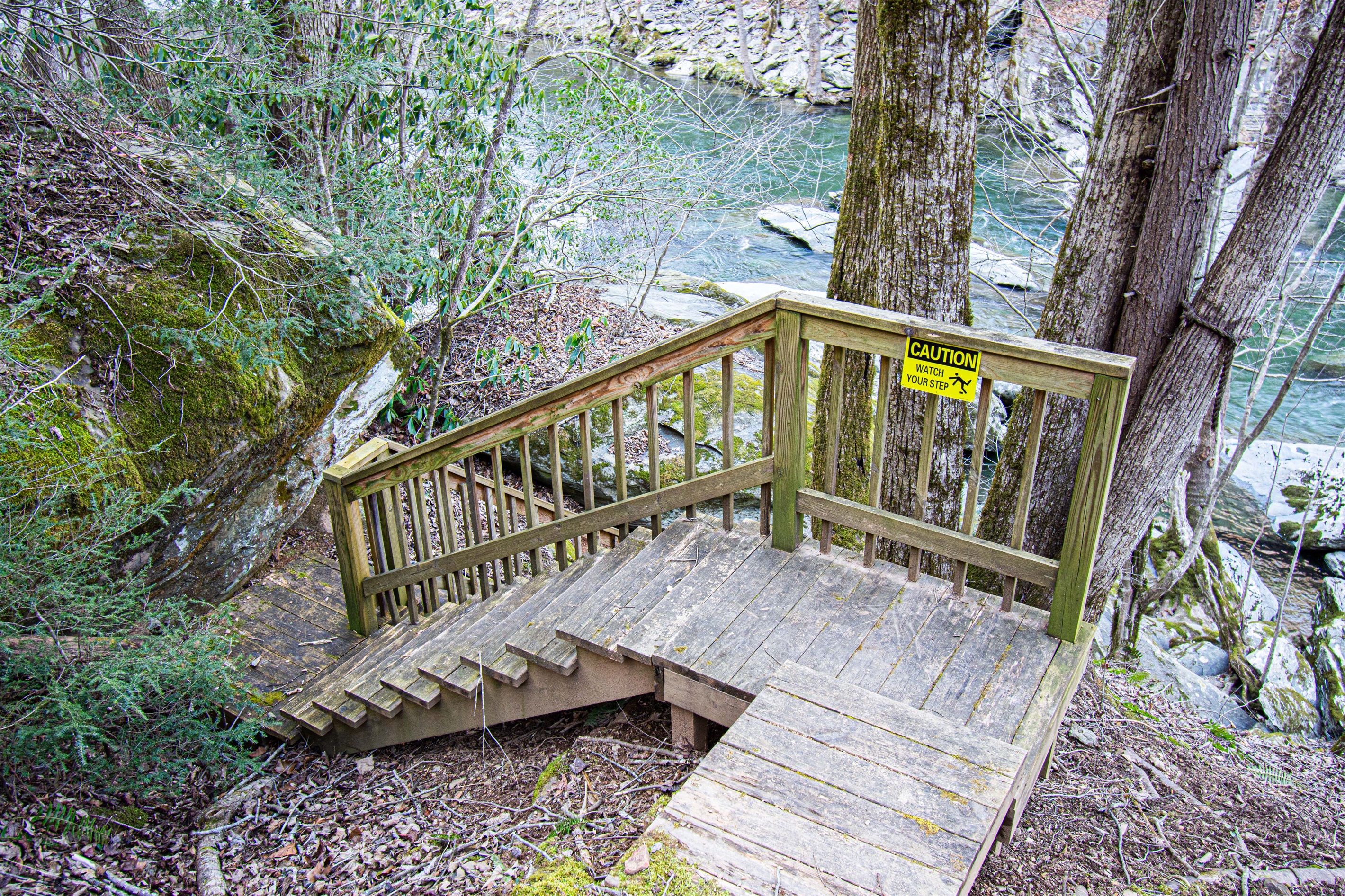 These are the stairs that we take down to the fishing and tube launch area. Be very careful and have sure footing. Every surface is slick with moss and wet from the river.