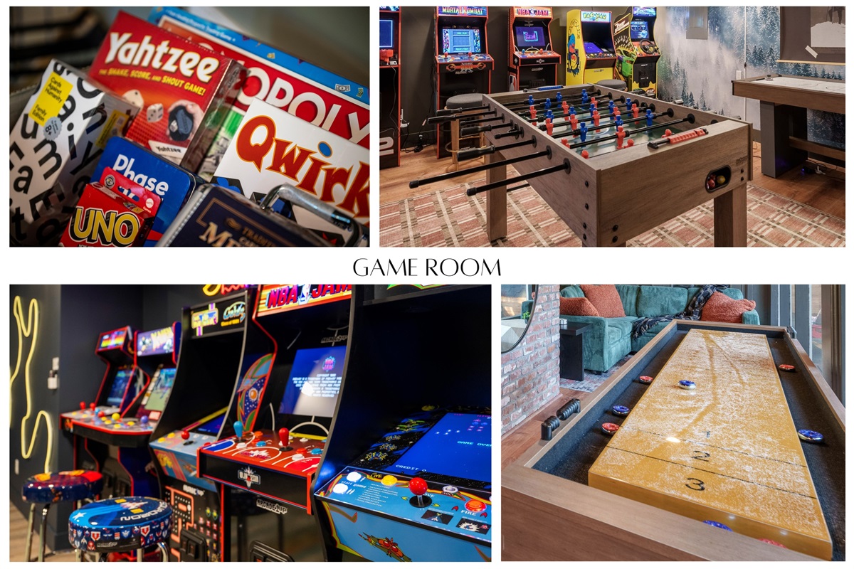 A dedicated game room packed with classic arcades, foosball, air hockey, shuffleboard, and tons of board games—perfect for family tournaments and late-night fun after a day on the mountain.