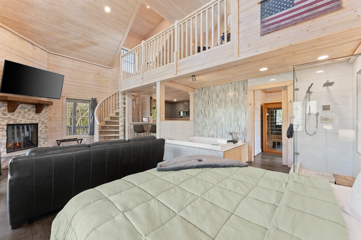 Interior View of the Treehouse from the King bed area, showcasing the Cozy Space