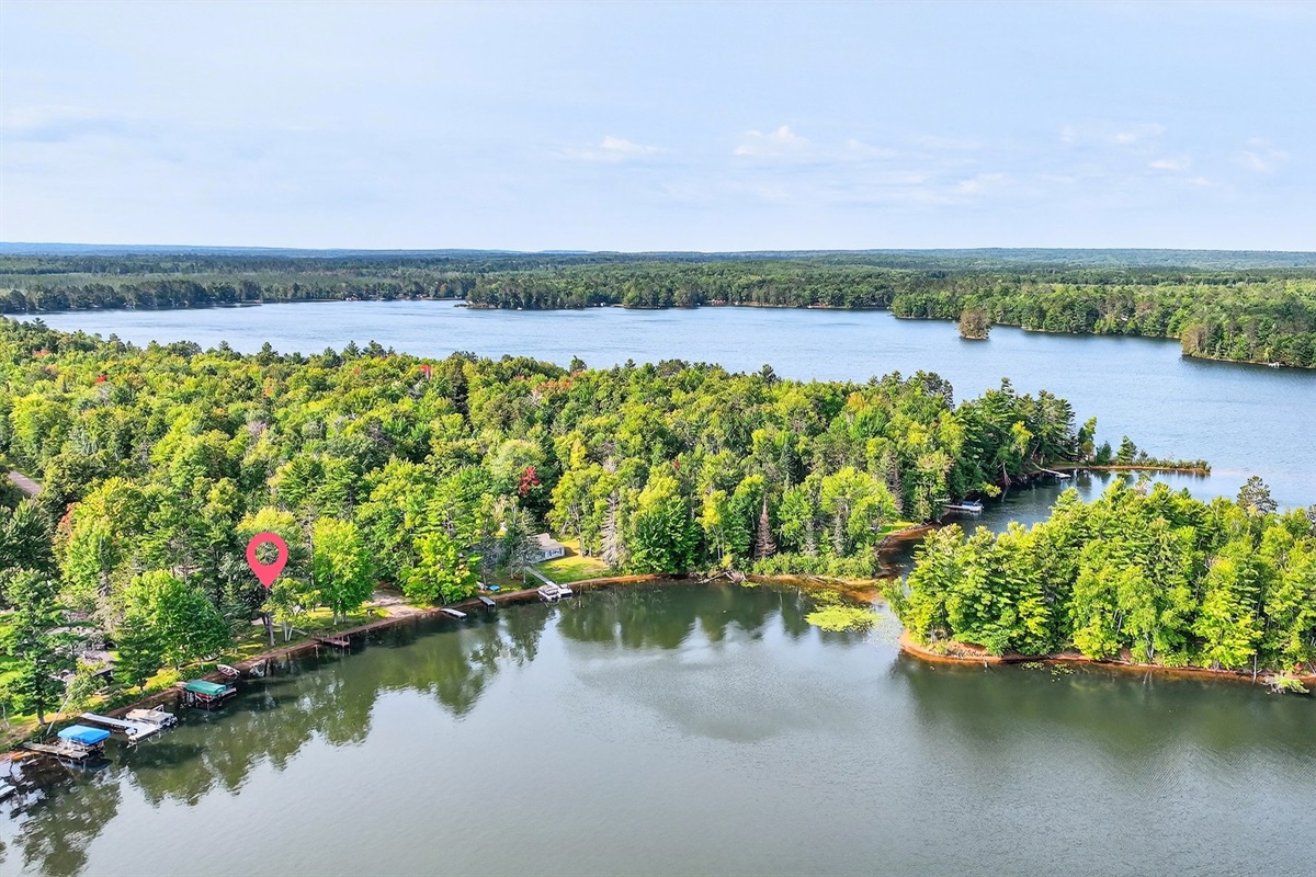 Blueberry Lake is 292 acres. The home's location on a smaller part of the lake and across from the island means we are often blocked from wind and waves and have calmer water for kayaking and swimming.