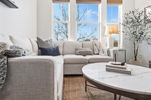 Oversized sectional, smart TV, and plenty of natural light.