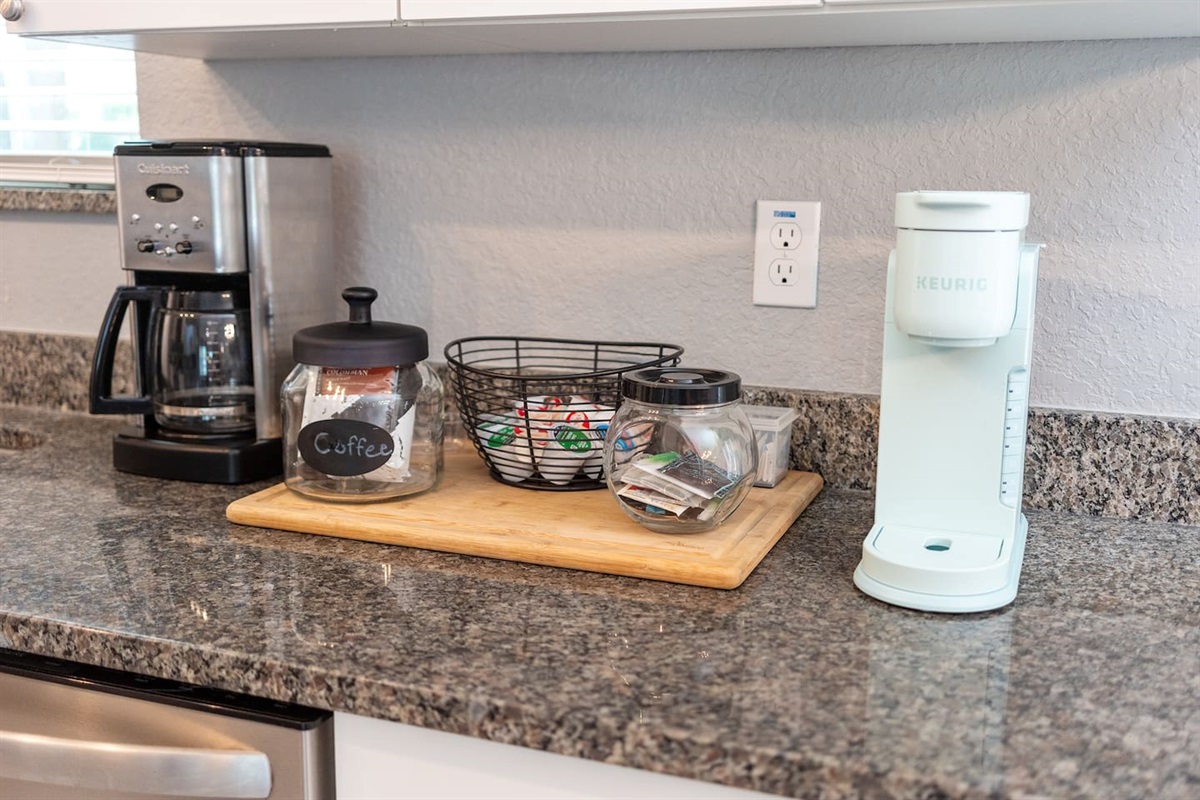 Start your day with coffee or tea.  We provide some basic starter coffee pods, sugar and creamer for you to enjoy!