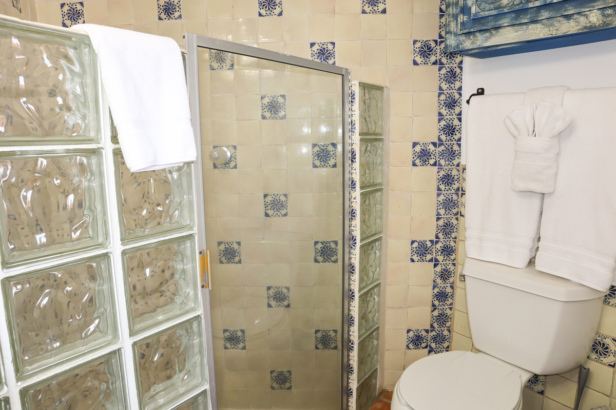 Patio suite with adjacent bathroom