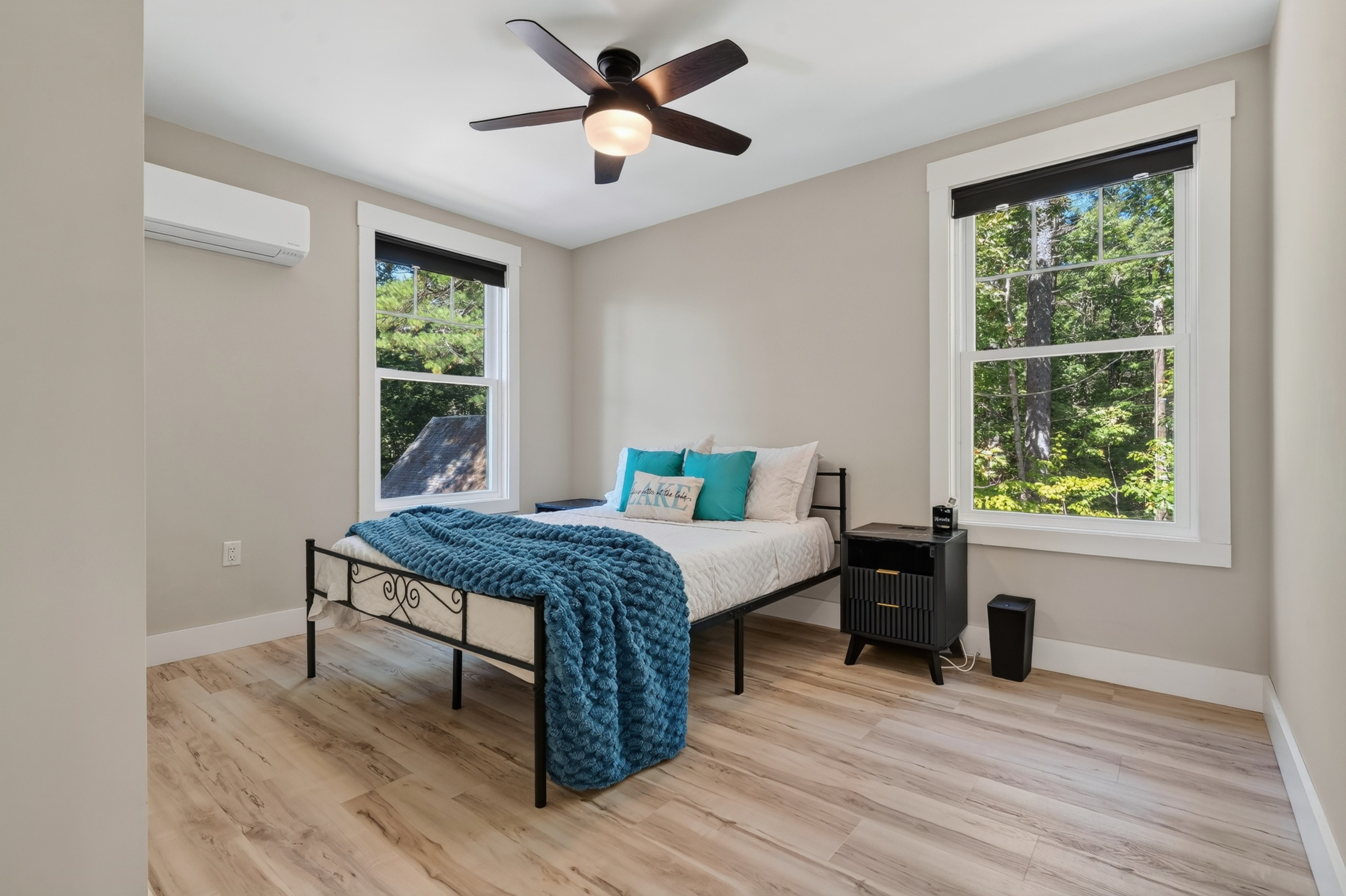 Calm lake-inspired colors set the scene for a deep sleep and a very lazy morning.