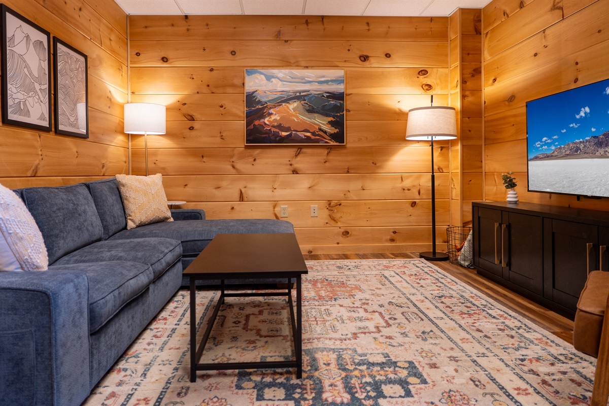 Relax and unwind in the cozy lower-level living room, perfect for cozy evenings.