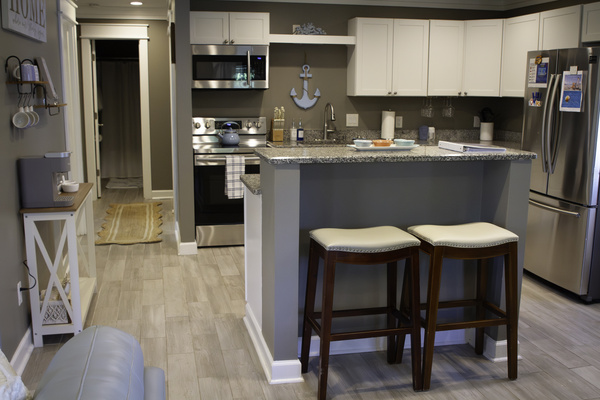A view of the kitchen from behind the bar