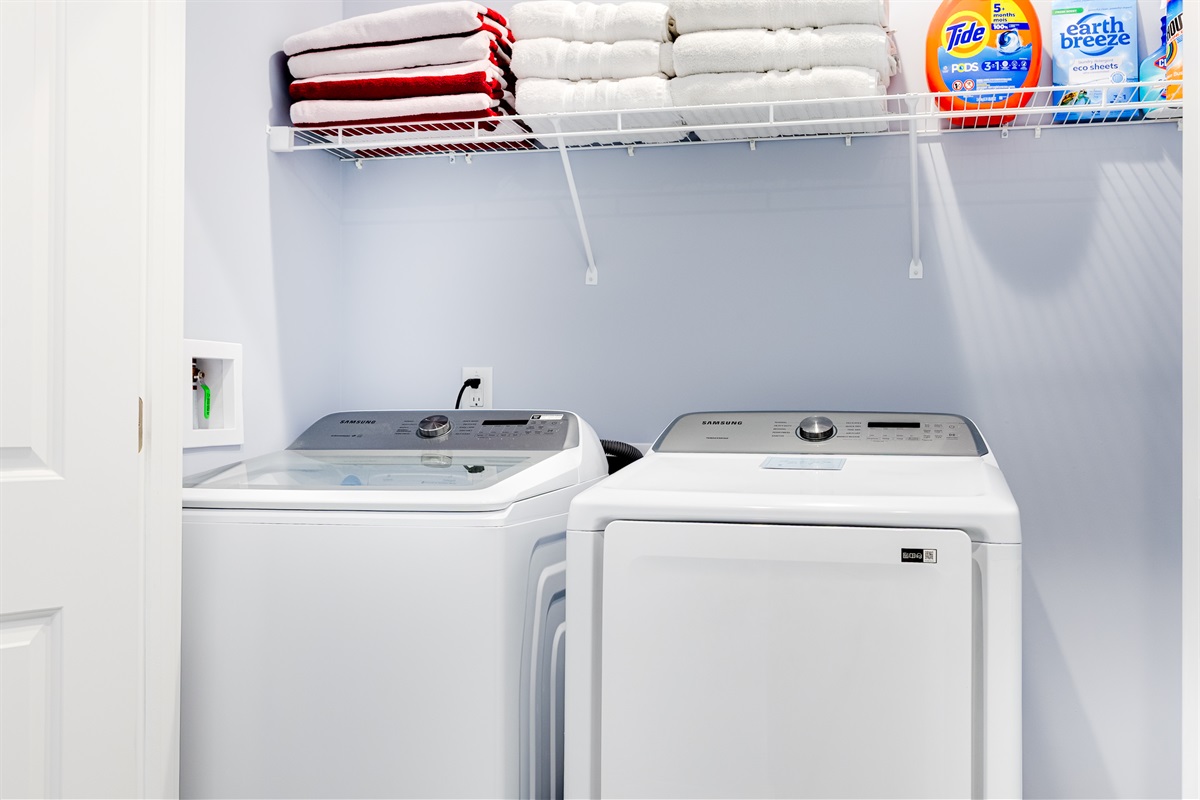 Full-size washer and dryer with laundry essentials provided&mdash;perfect for longer stays and beach days