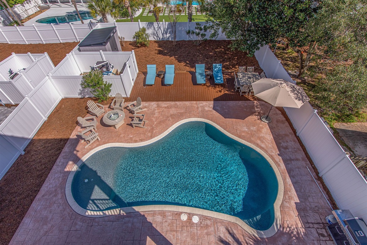 Heated pool, fire pit