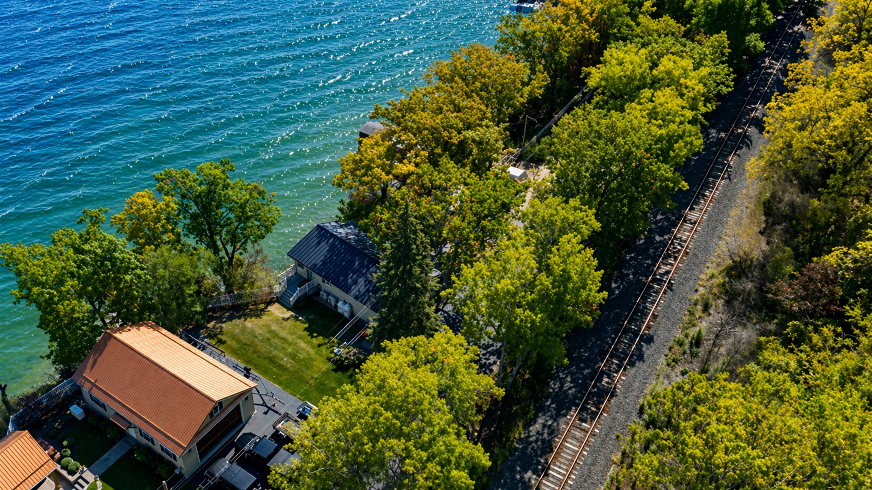 Peaceful lakeside retreat surrounded by lush trees—ideal for relaxing by the water