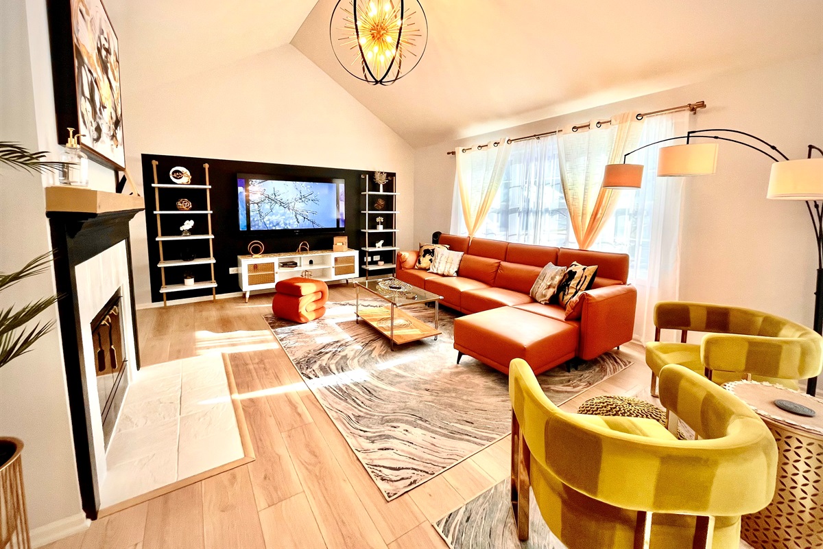 Beautiful living room with Cathedral Ceiling with lots of natural light