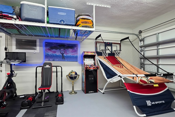 Fun-filled game room with toys and air hockey