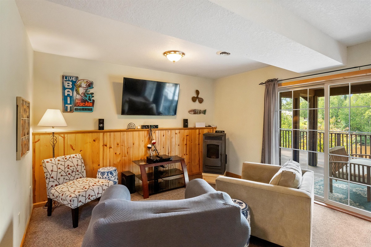 Lower level living room with large screen smart TV