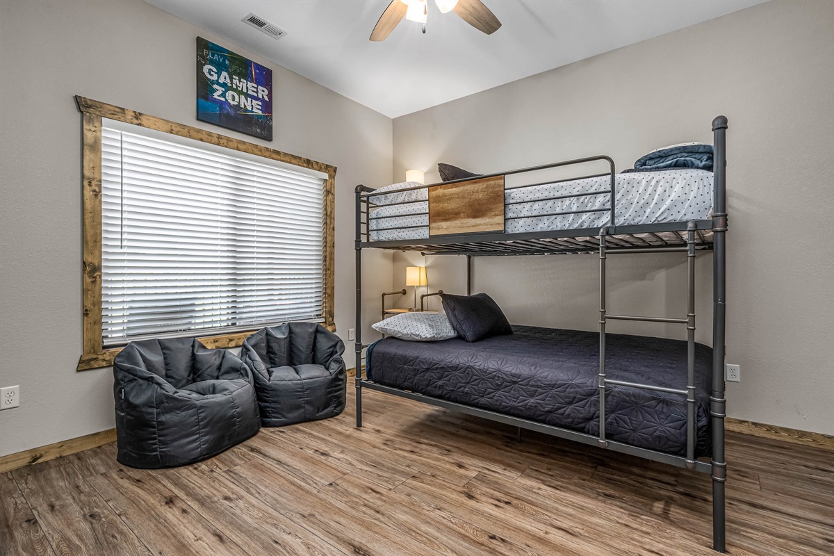 Lower level Queen over Queen bunkroom #1 attached to Jack and Jill bathroom-sleeps 4