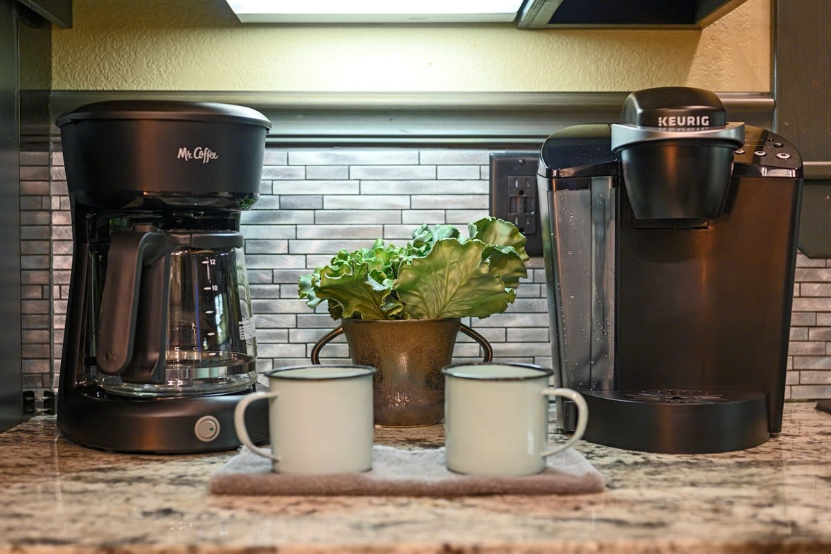 Brew your morning coffee with both Keurig and drip makers while enjoying ample counter space.