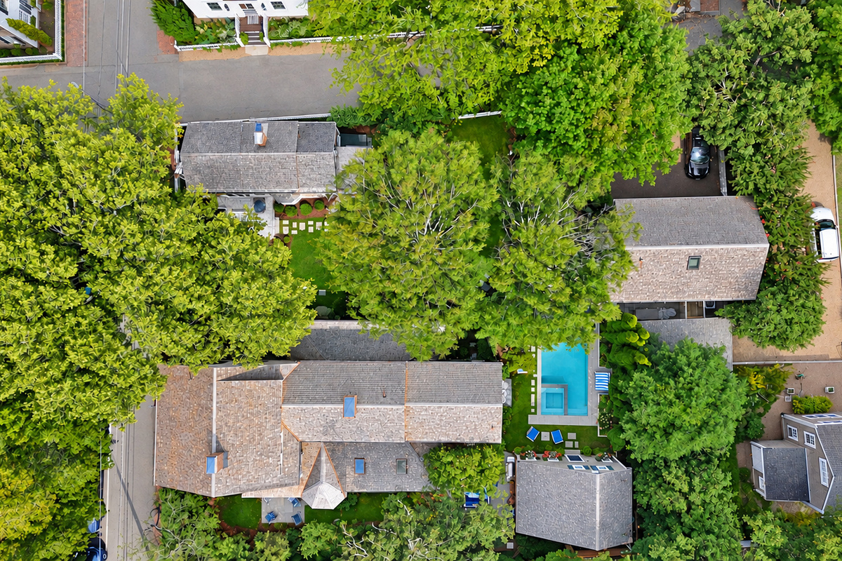 Aerial view of the four-structure compound