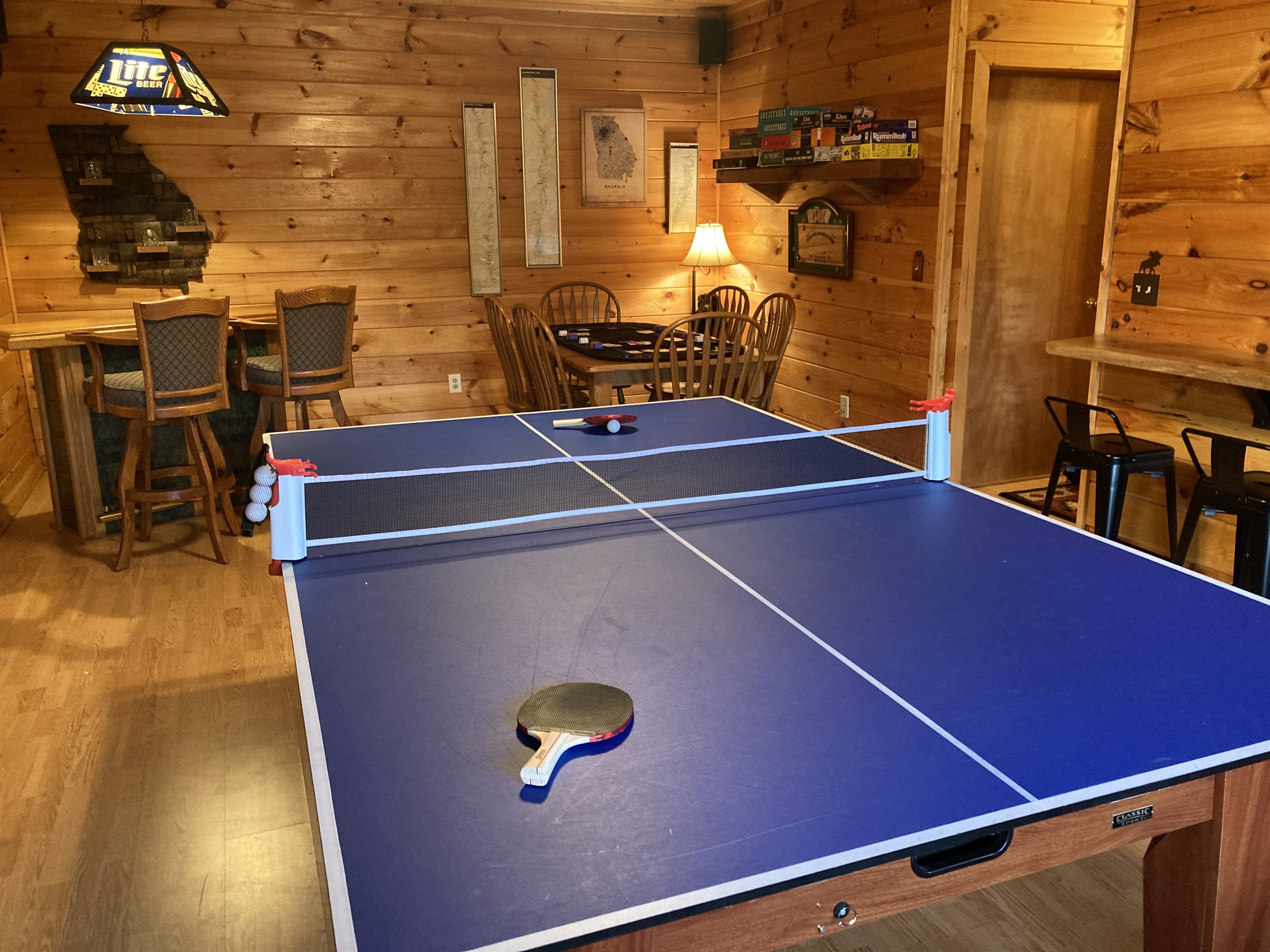 Ping pong table in the basement game room.