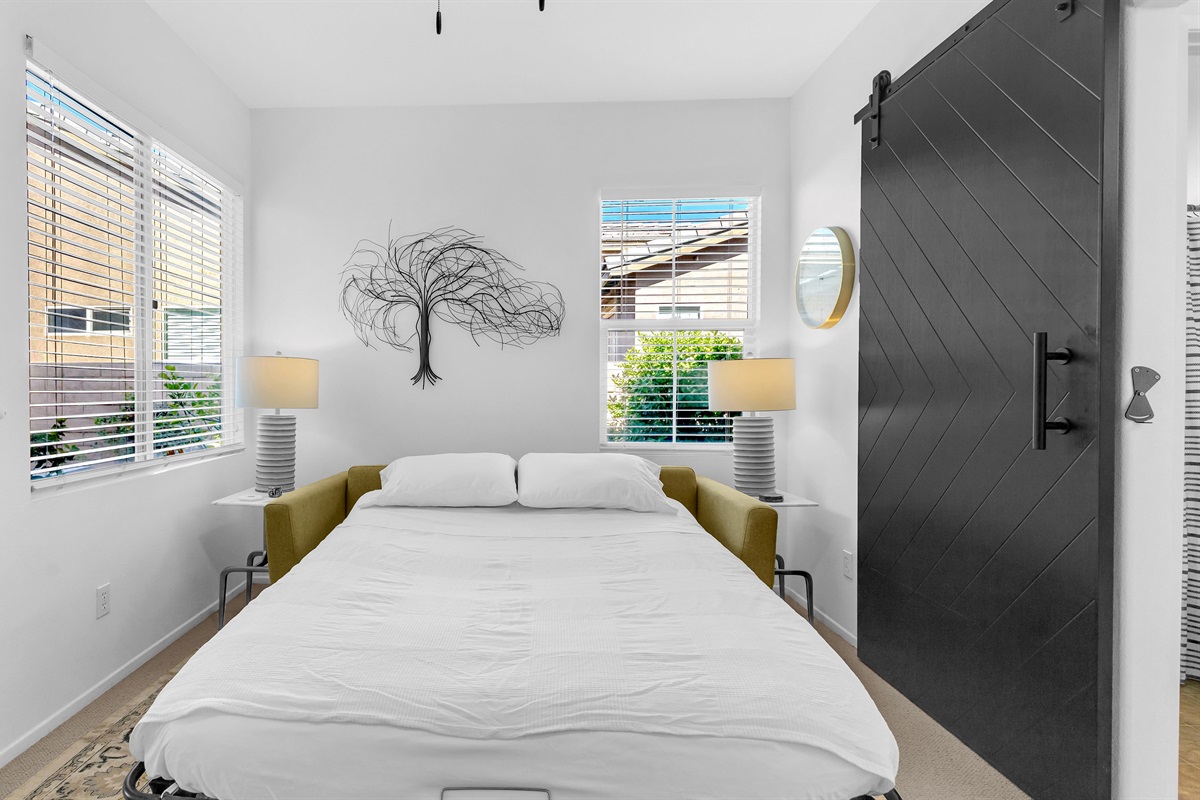 Bright guest room featuring a modern barn door, stylish decor, and plenty of natural light.
