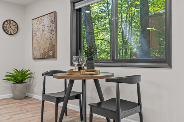 An intimate spot for enjoying your morning brew while looking outside at nature