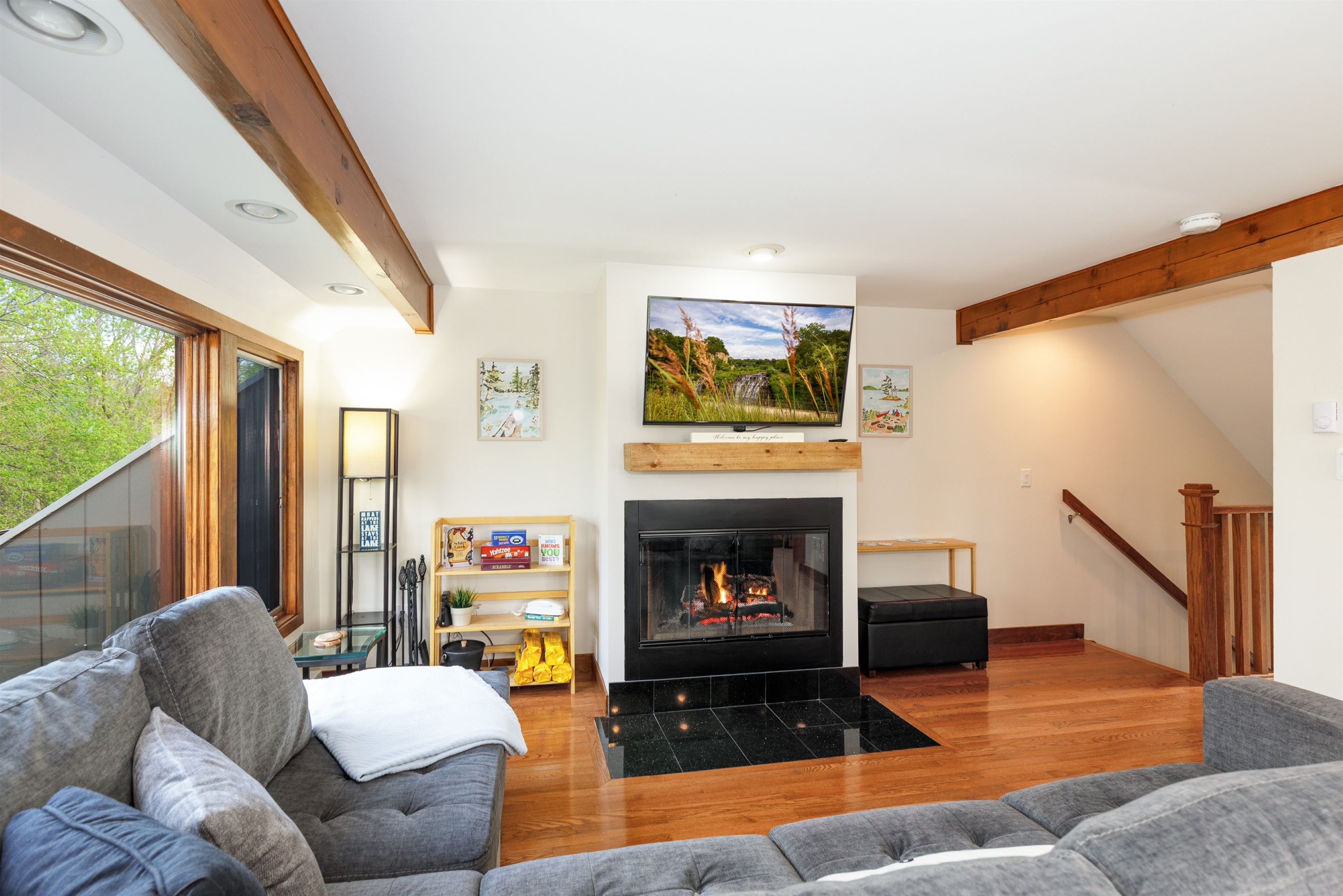 Cozy up to the wood-burning fireplace (available seasonally) with a glass of wine and a movie