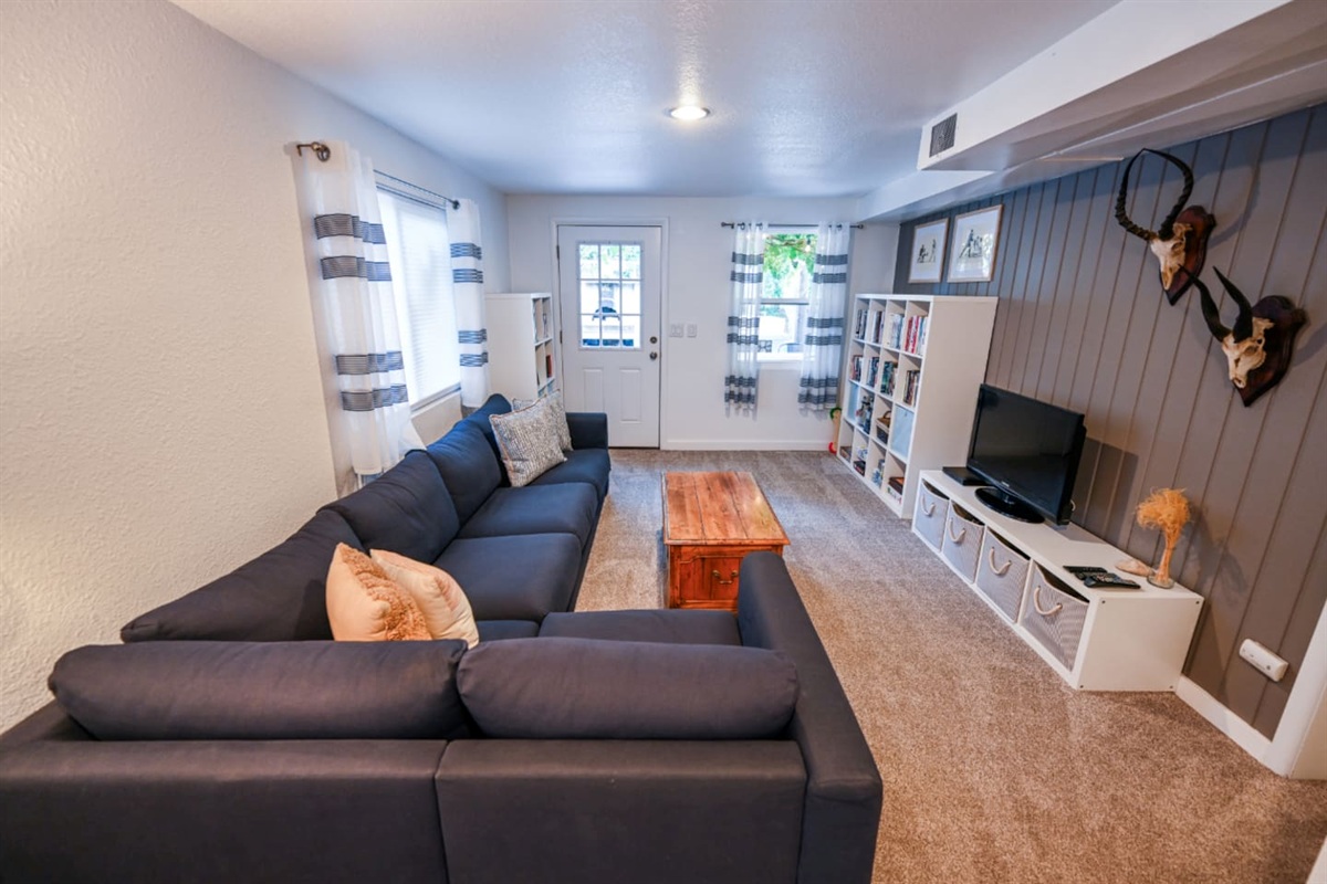 Downstairs living room with television, DVD player, books, and games