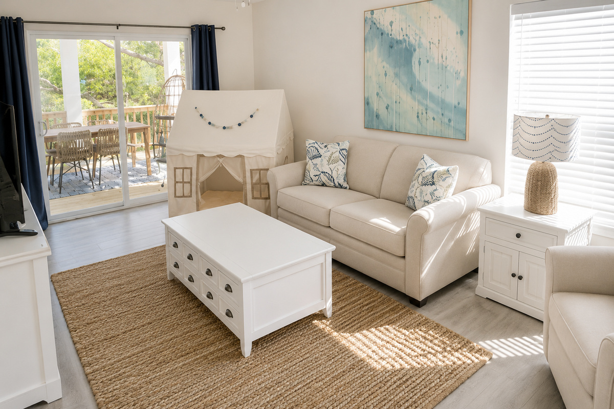 The second living room belongs to imagination hour — a play tent for fort-builders, cool wave art for daydreamers, and a comfy sofa for supervising grown-ups, with the covered balcony waiting just beyond the sliders.