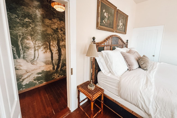 The Boudoire de Bouge's fabulous dressing room—wrapped in a woodland mural and thoughtfully placed between the bed and en suite bath. Getting ready here, and walking to Plenty or Bob's is a lovely way to begin the day.