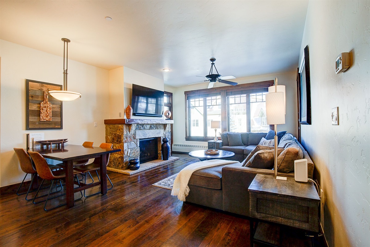 Large sectional faces gas fireplace