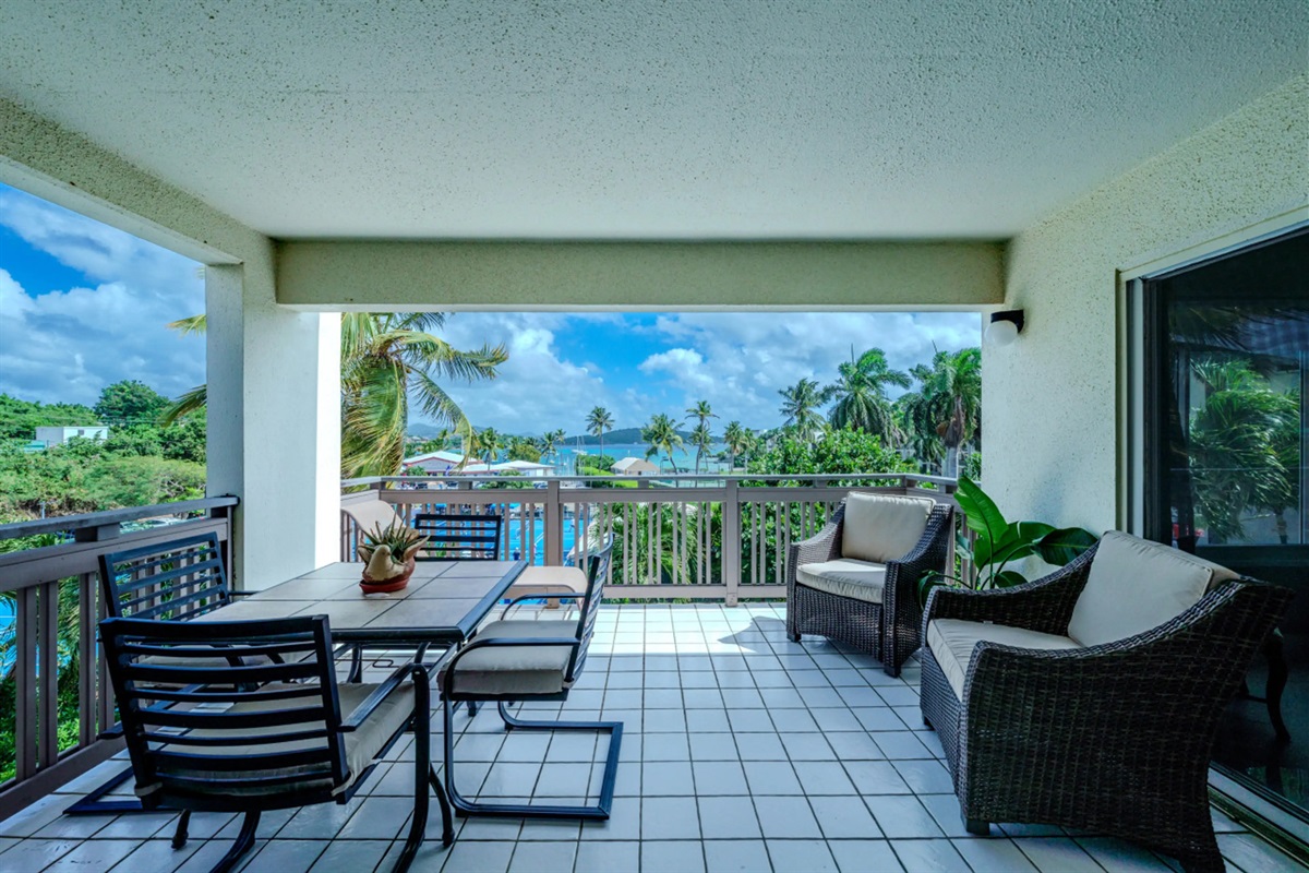 Private outdoor patio with comfortable seating&mdash;perfect for morning coffee or relaxing after a beach day.