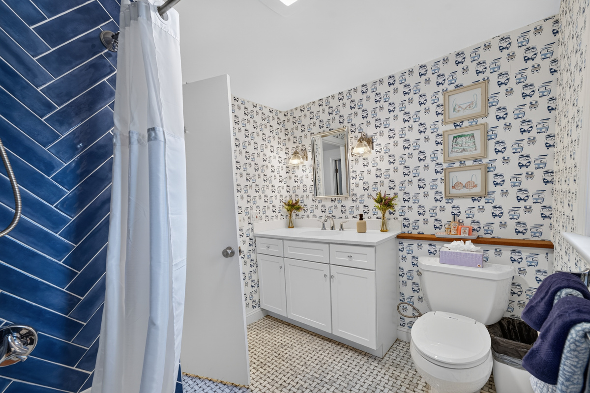 Spa-inspired shower stocked with premium shampoo, conditioner, and body wash.