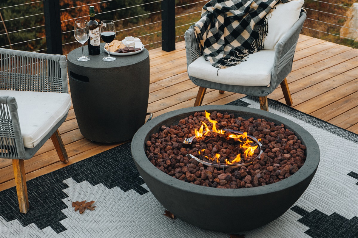 Elevated deck with fire table for evenings outdoors