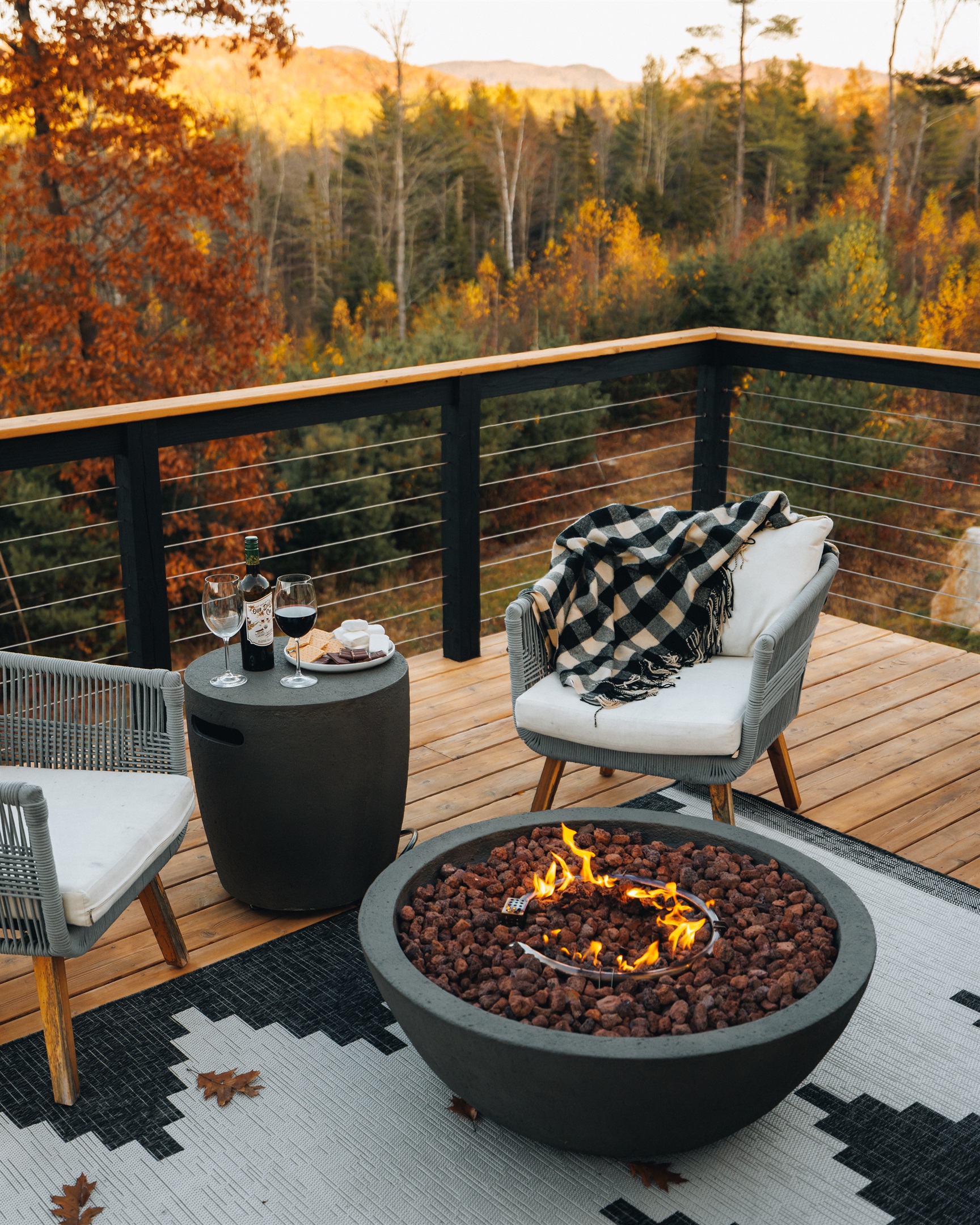 Elevated deck with fire table for evenings outdoors