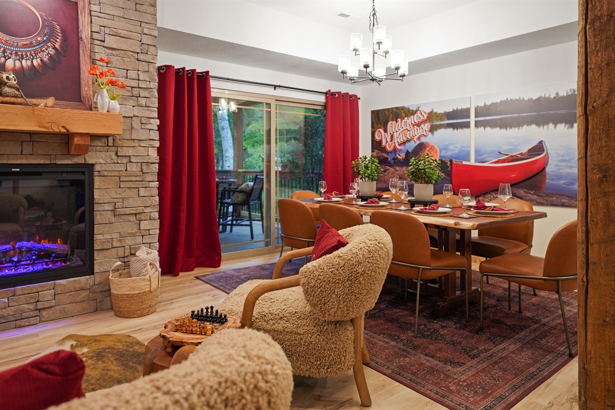 Living, fireplace and dining areas are connected so everyone feels connected