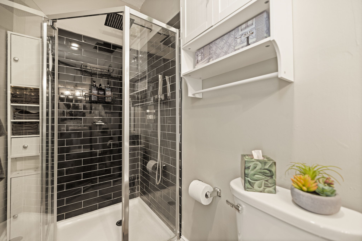 Spa-inspired bathroom with dark tile walk-in shower