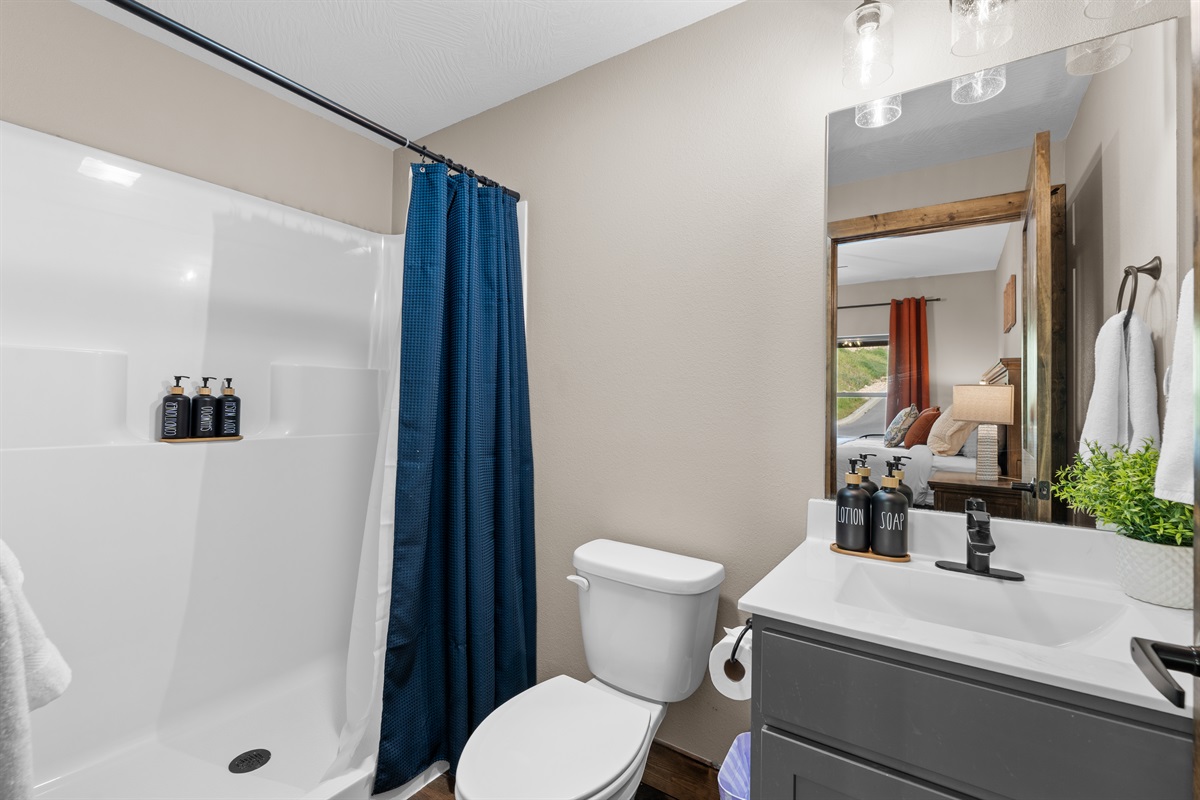 Modern ensuite bath with walk-in shower attached to the upstairs king.