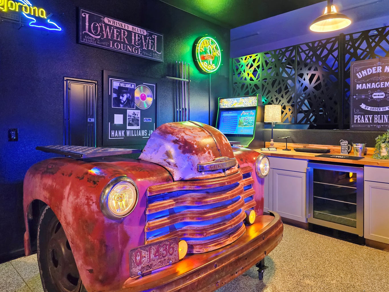 Chevy Bar with beverage refrigerator.