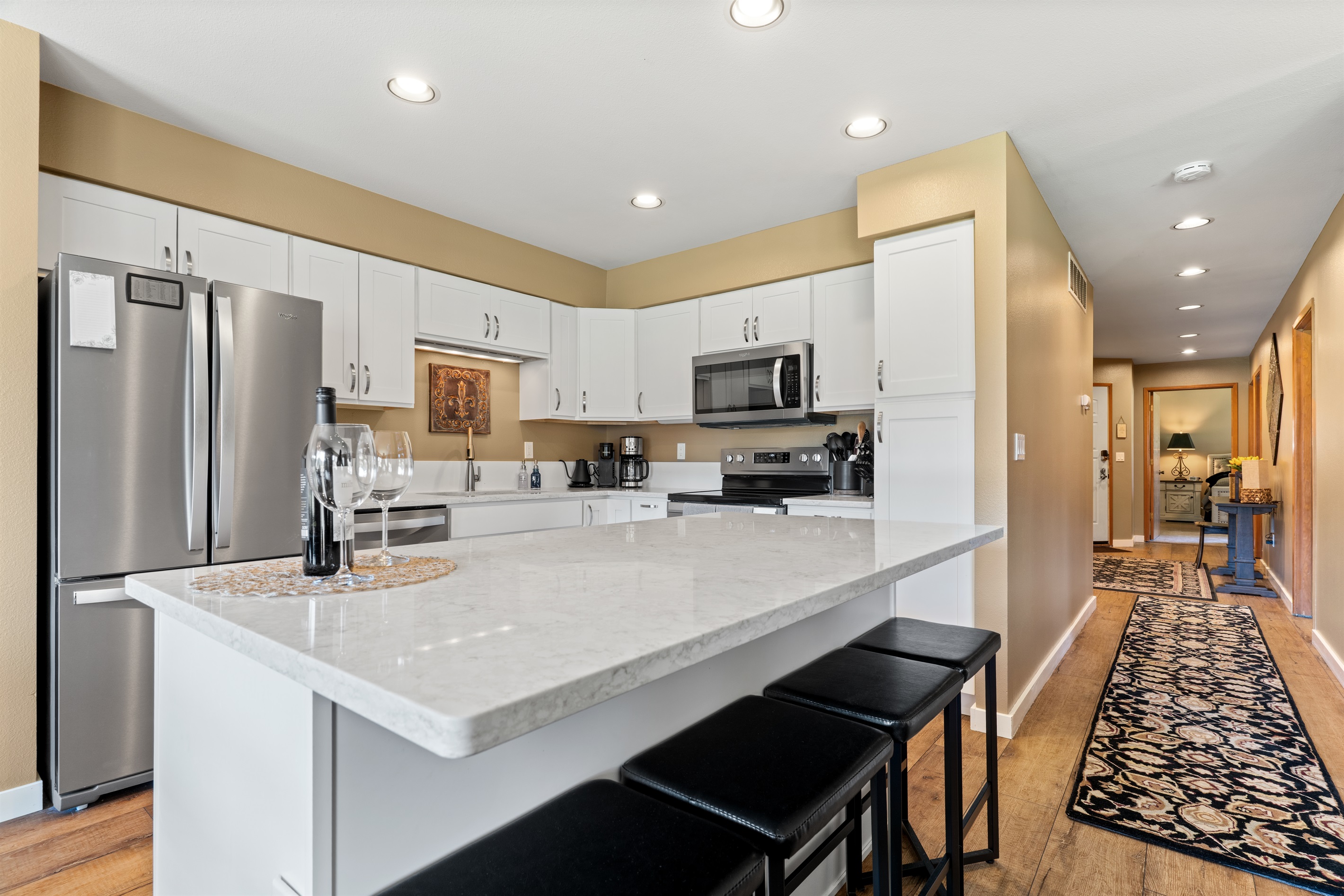 Kitchen island with four bar stools