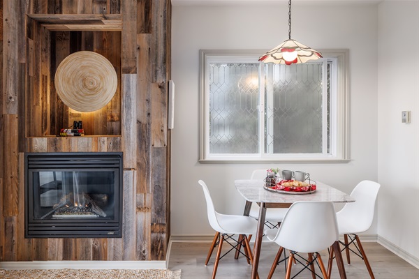 Cozy gas FP and Dining Area, Stained Glass Light