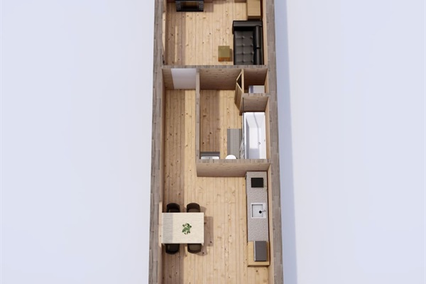 Tiny Elk 3D Floor Plan-  Oblique shot from the dining area into the queen bedroom, showcasing a full kitchen in the foreground, the fireplace and TV console in the living room and the snug woodland retreat of the queen‑size sleeping nook beyond.