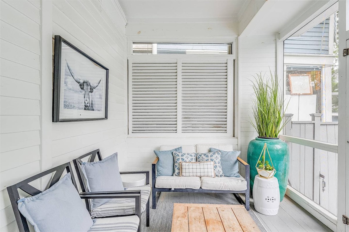 Screened in porch with ceiling fan make this a year round option.  Take a break from the heat or enjoy an evening bug free while enjoying the peaceful backyard and pool.