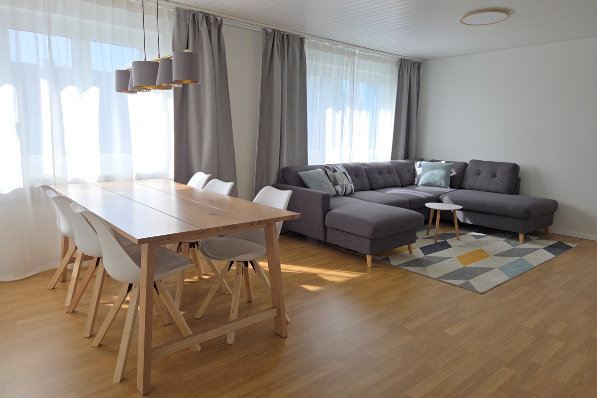 Bright living room and dining area