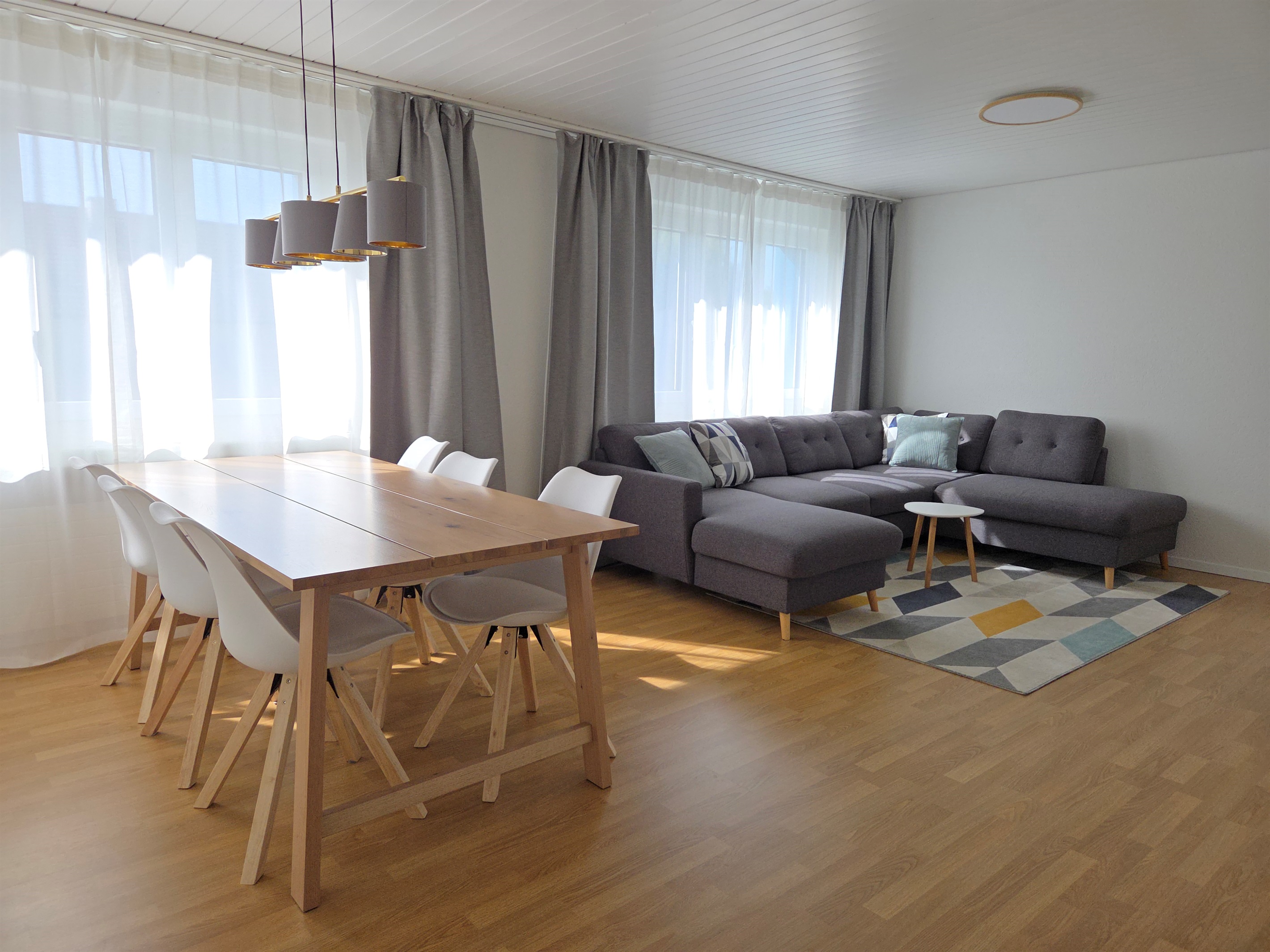 Bright living room and dining area
