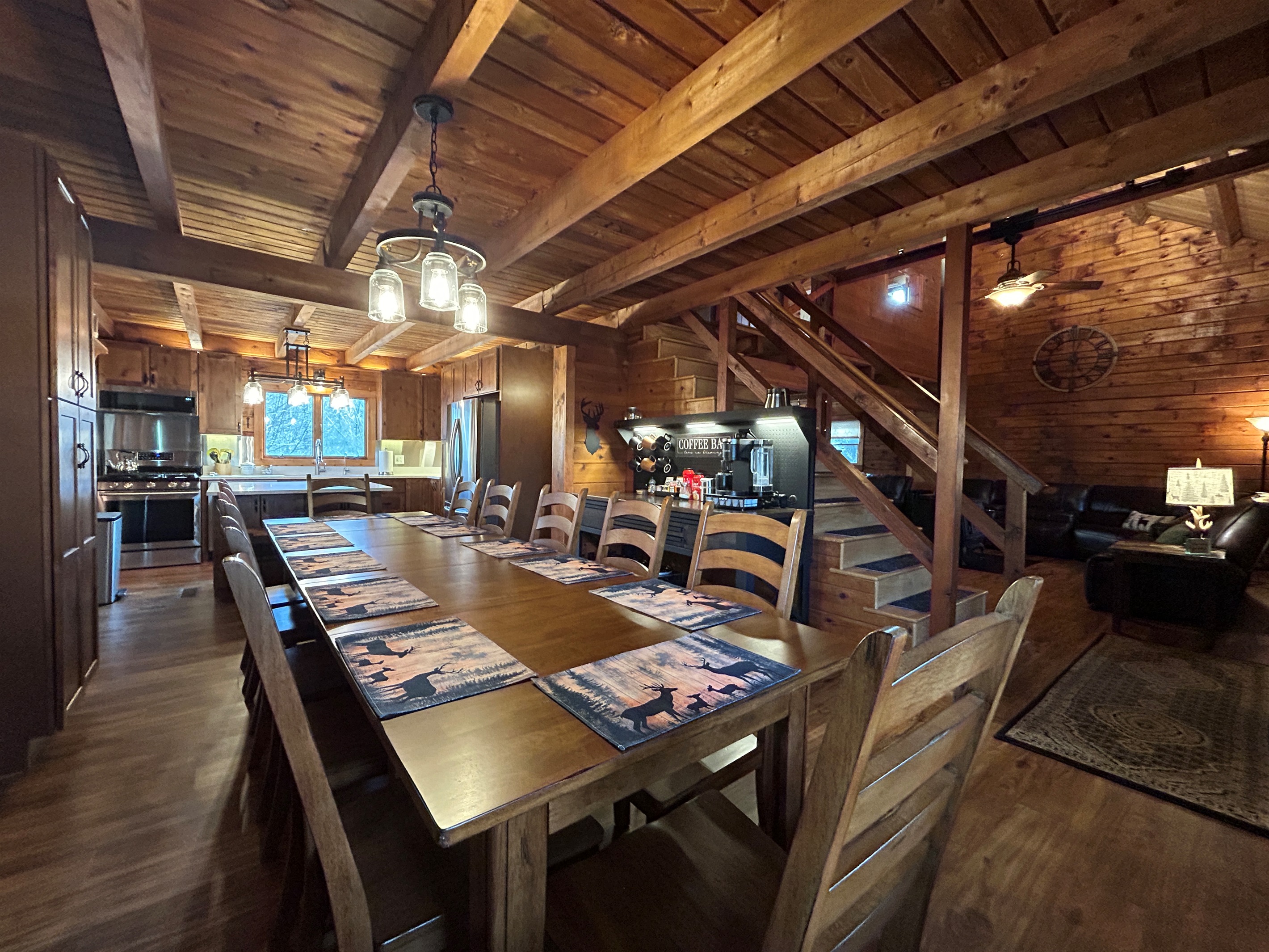 Everyone in your group can sit around the table together as it seats up to 12 people. There are also 2 additional seats at the kitchen island..